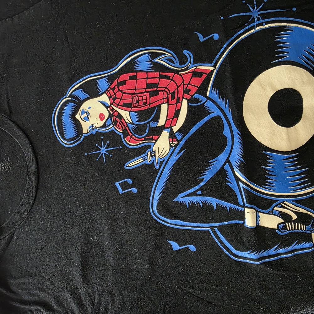 Black Graphic T-Shirt with Blue and Red Design